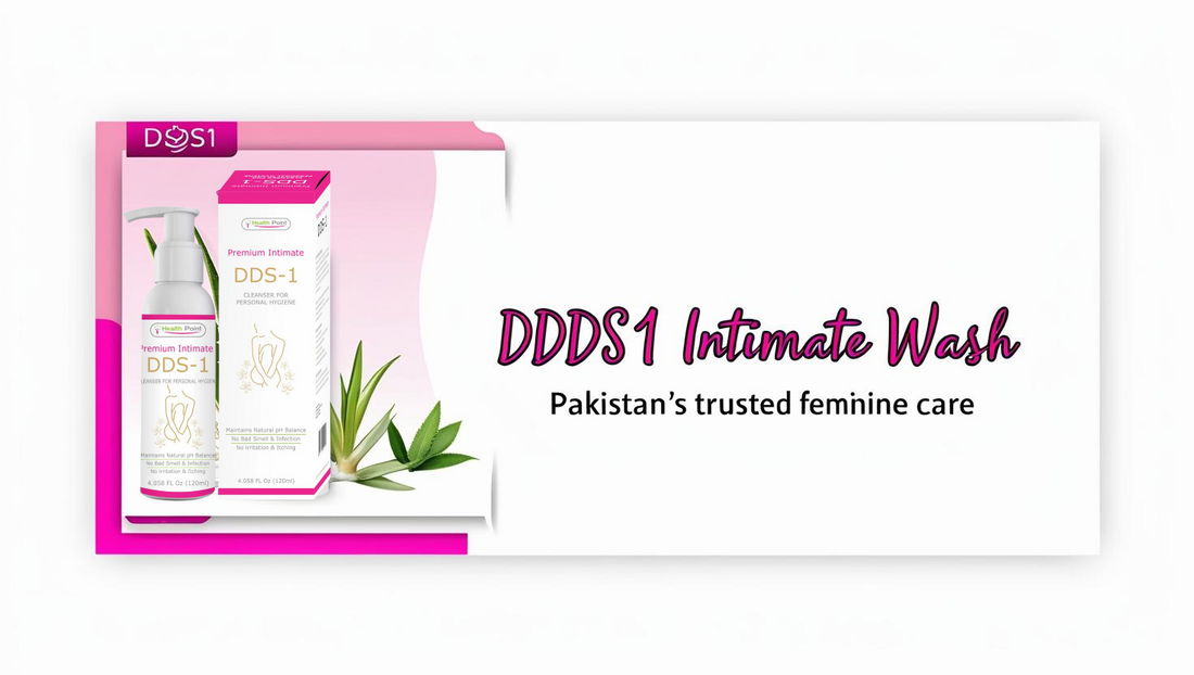 DDS1 Intimate Wash product banner showcasing Pakistan’s trusted feminine hygiene solution with Aloe Vera, Tea Tree Oil, and pH-balanced care.