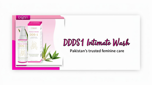 DDS1 Intimate Wash product banner showcasing Pakistan’s trusted feminine hygiene solution with Aloe Vera, Tea Tree Oil, and pH-balanced care.