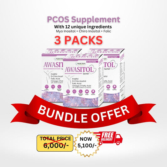 A pack of Awasitol PCOS supplements with three sachets, labeled for hormonal balance and fertility support. The packaging is predominantly purple and white with text and graphics highlighting the product's benefits and a 'Bundled Offer' badge indicating a discount.