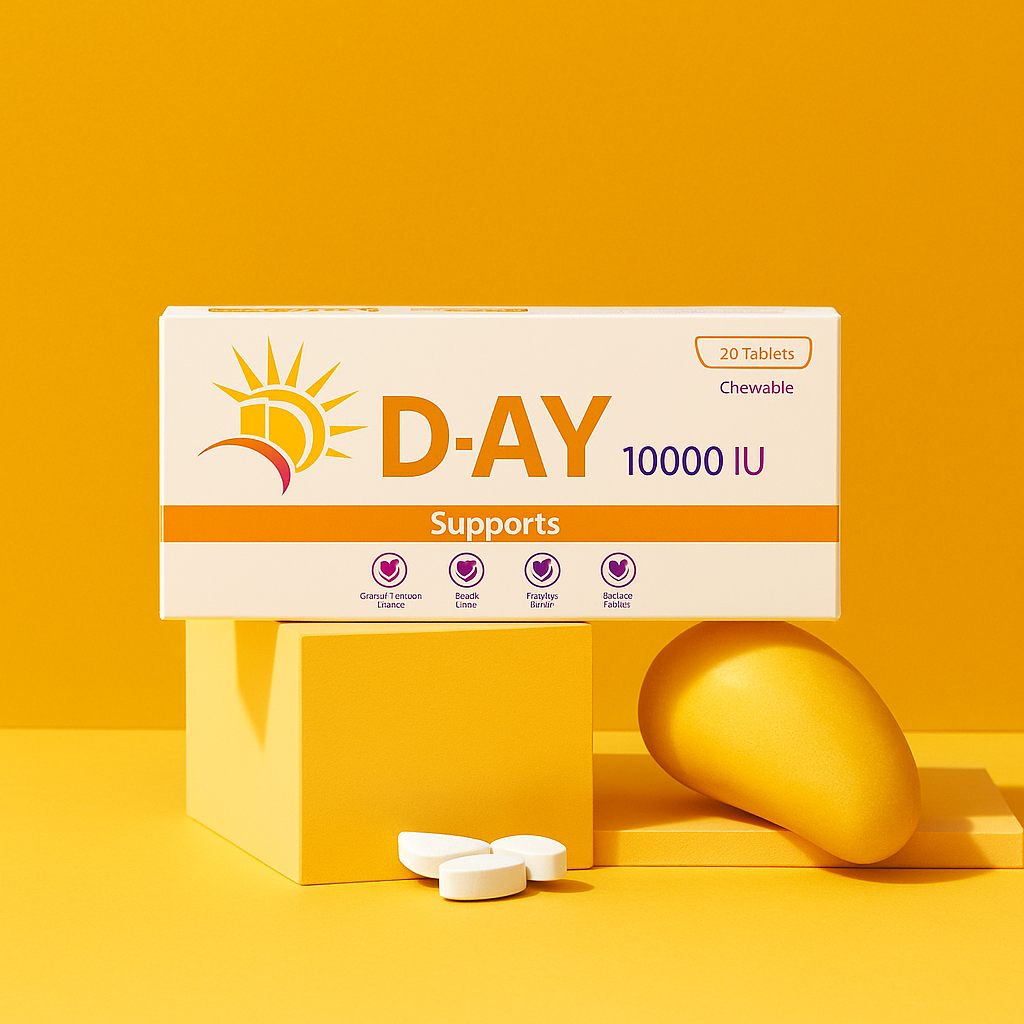 D-AY vitamin supplement box with tablets on a yellow background