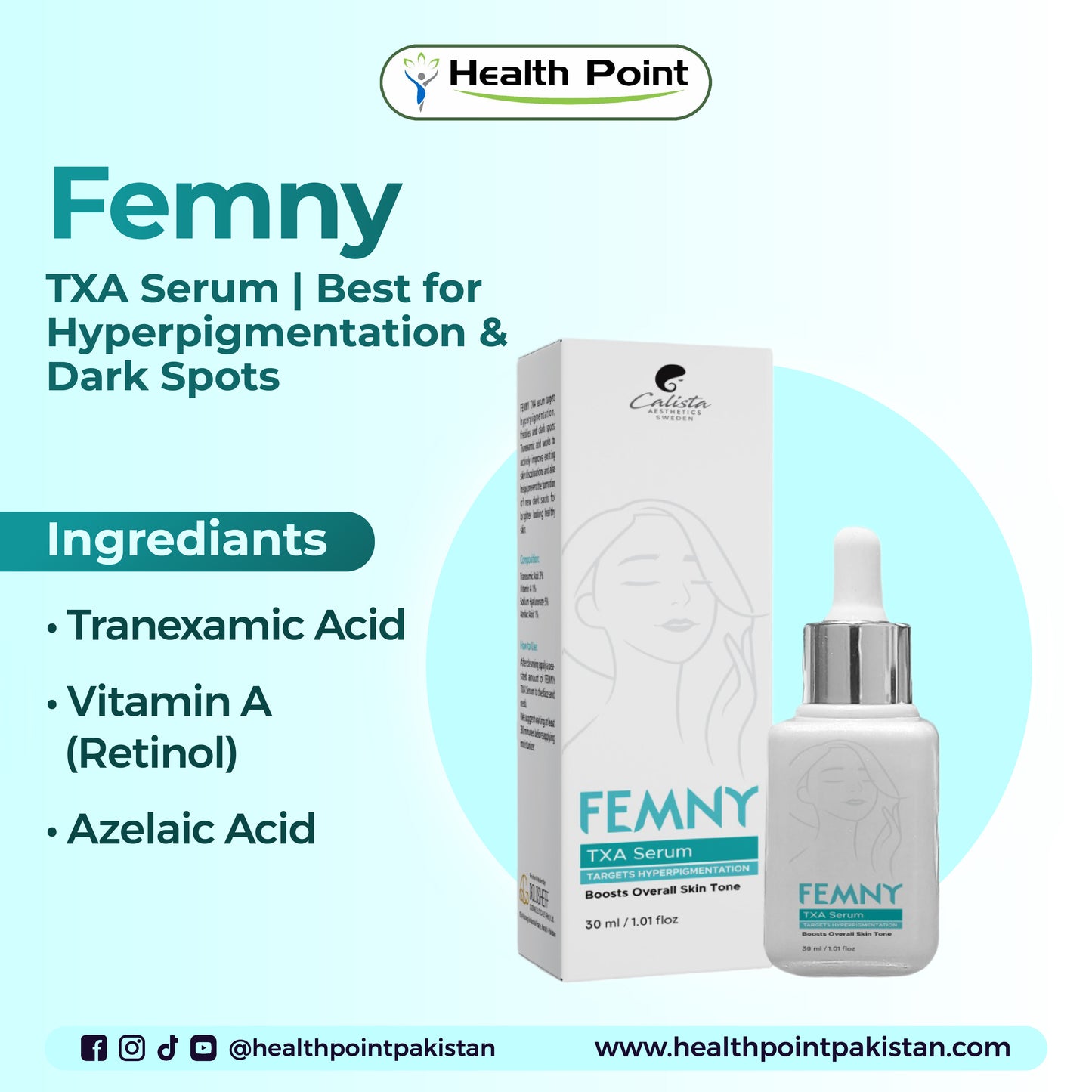 Femny TXA Serum with natural active ingredients Tranexamic Acid, Retinol, and Azelaic Acid.