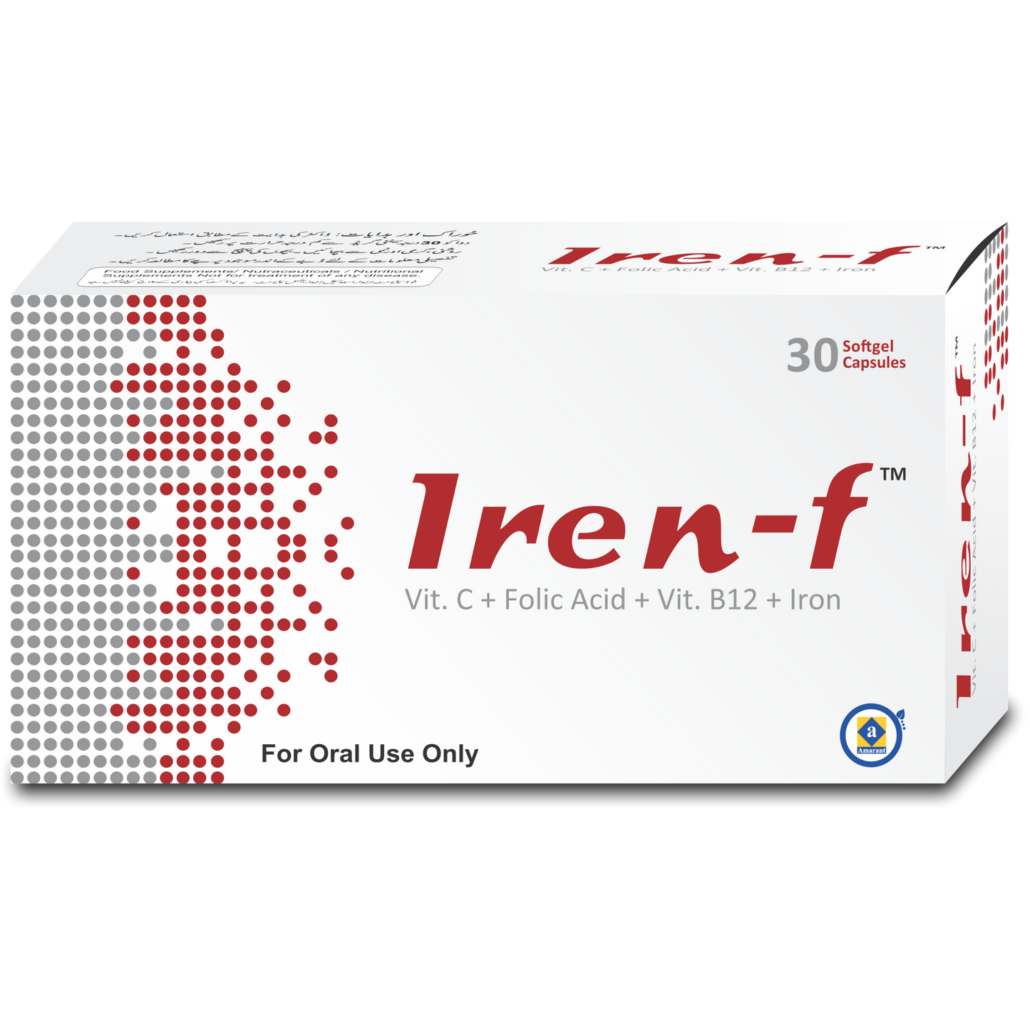 A box of Iren - F softgel capsules with the text 'Vit. C + Folic Acid + Vit.
