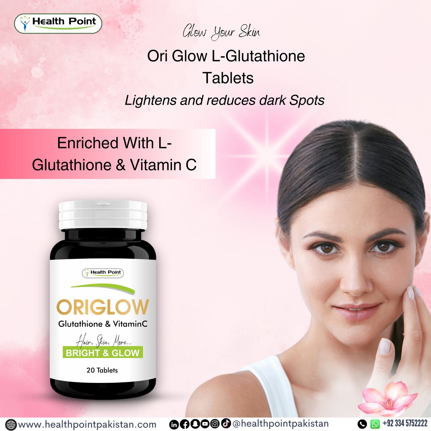 Health Point's Origlow Gluthathione 20 Tablets Bottle shwoing the benefits