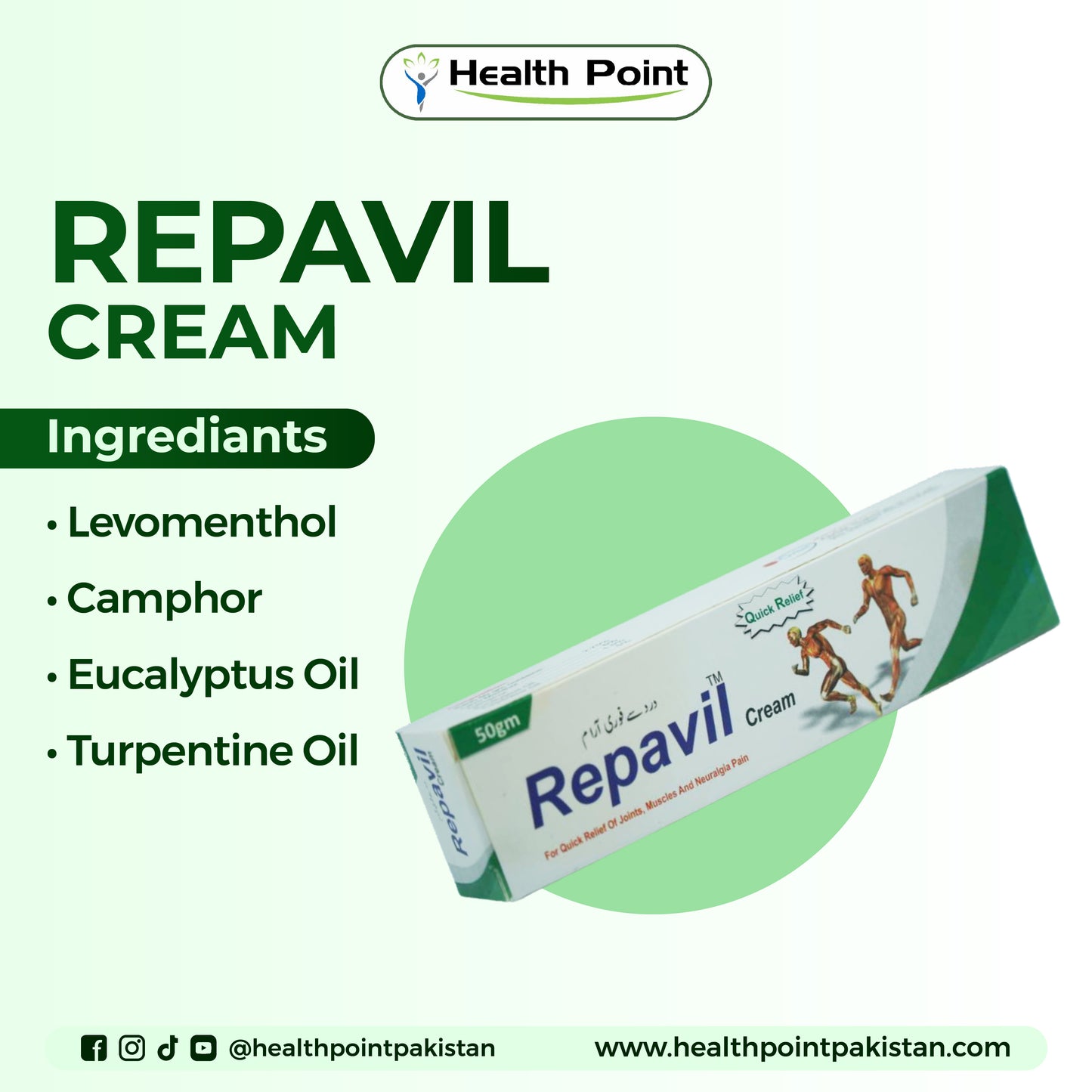Repavil cream with natural pain relief ingredients like menthol, camphor and eucalyptus oil