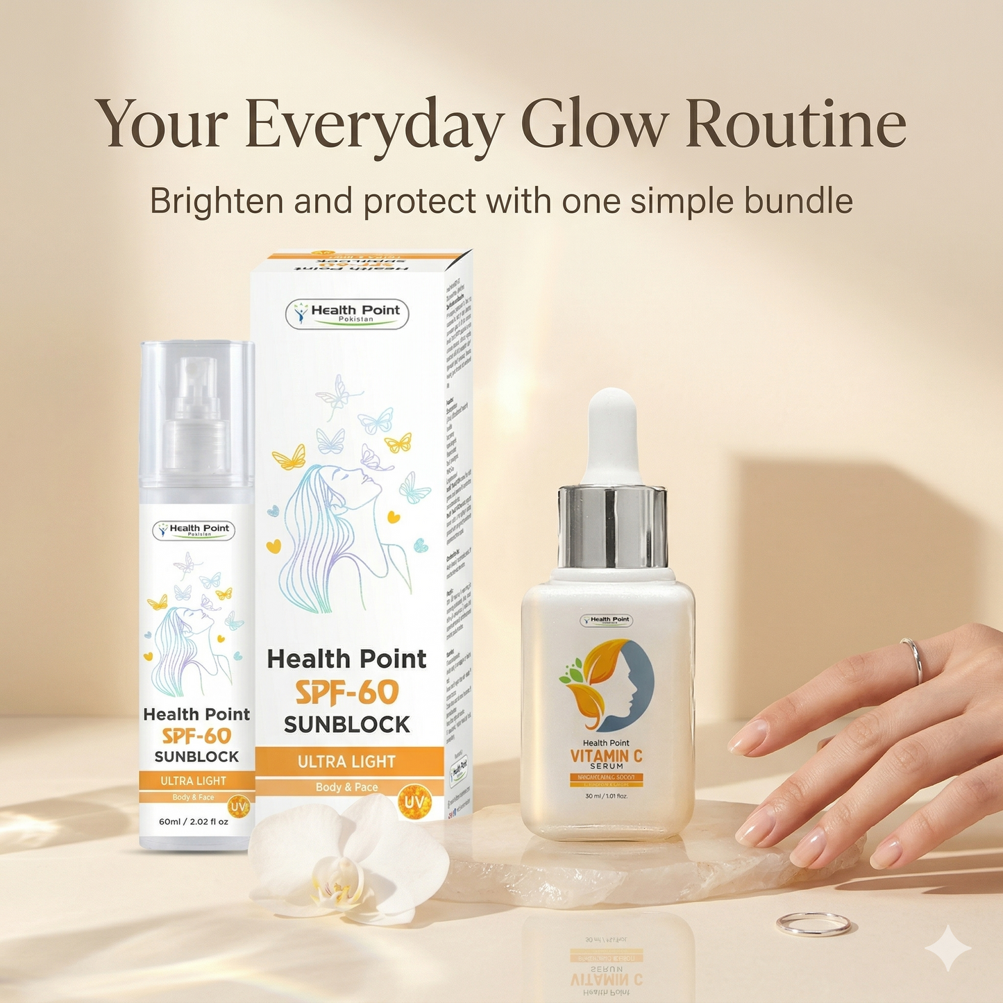 Health Point Daily Glow Duo lifestyle image for an everyday glow routine with Vitamin C Serum and SPF 60 Sunblock in Pakistan