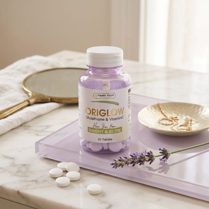 Origlow Glutathione and Vitamin C tablets lifestyle image for daily glow and beauty wellness routine