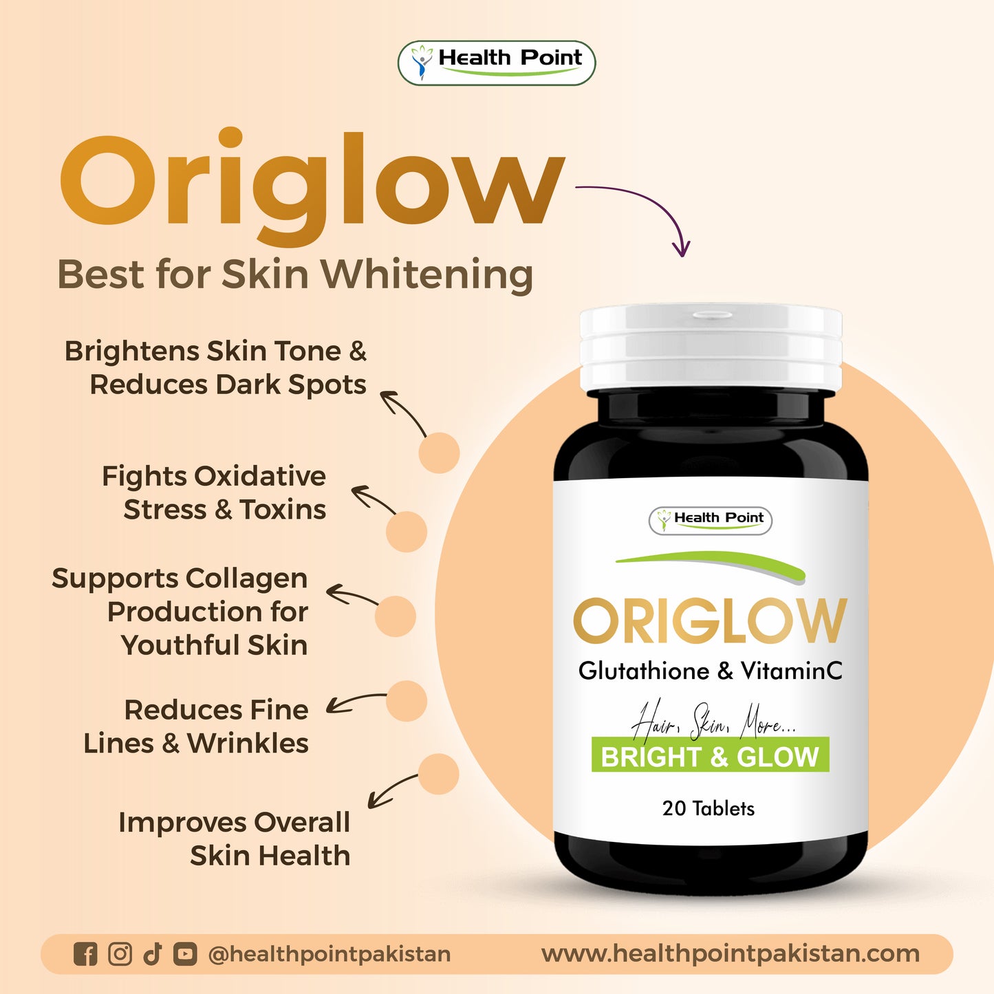 Origlow glutathione capsules with vitamin C supporting skin tone, collagen and healthy glow
