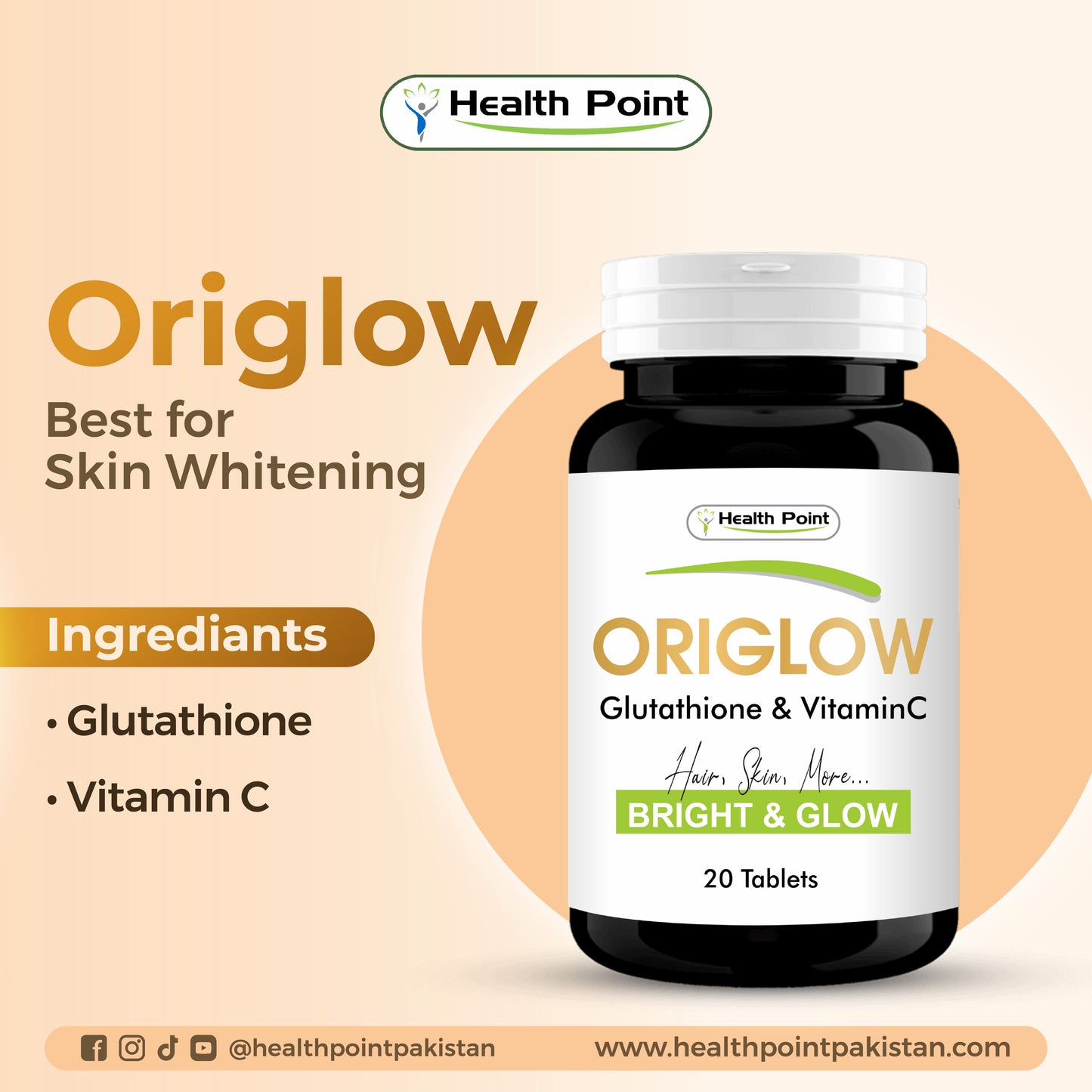 Origlow glutathione and vitamin C tablets in Pakistan for skin whitening, dark spot reduction and glowing skin