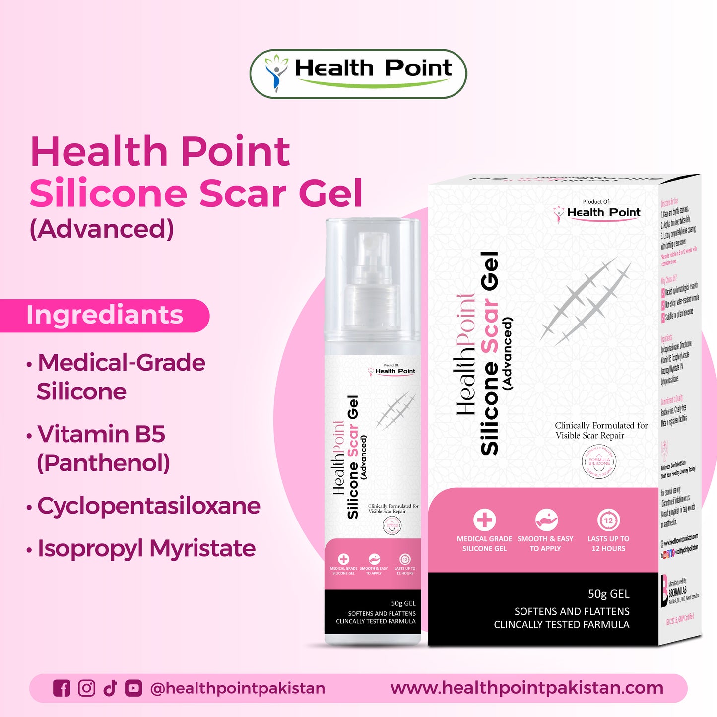 Health Point Advanced Silicone Scar Gel with medical grade silicone, vitamin B5, cyclopentasiloxane and isopropyl myristate