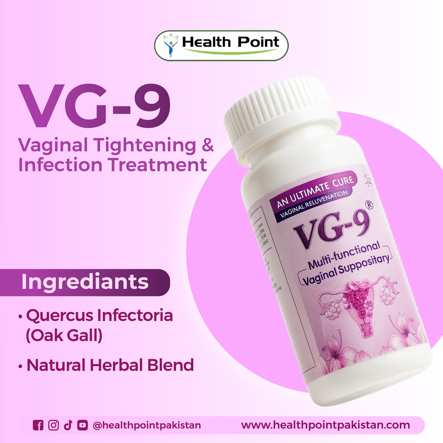 Herbal vaginal tightening and infection care supplement bottle showing VG-9 key ingredients
