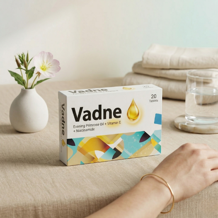 Vadne Tablets lifestyle image for women’s daily support with evening primrose oil formula
