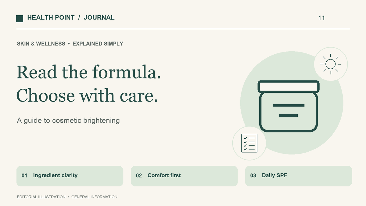 A cream jar, ingredient checklist and sun symbol introducing a guide to cosmetic brightening