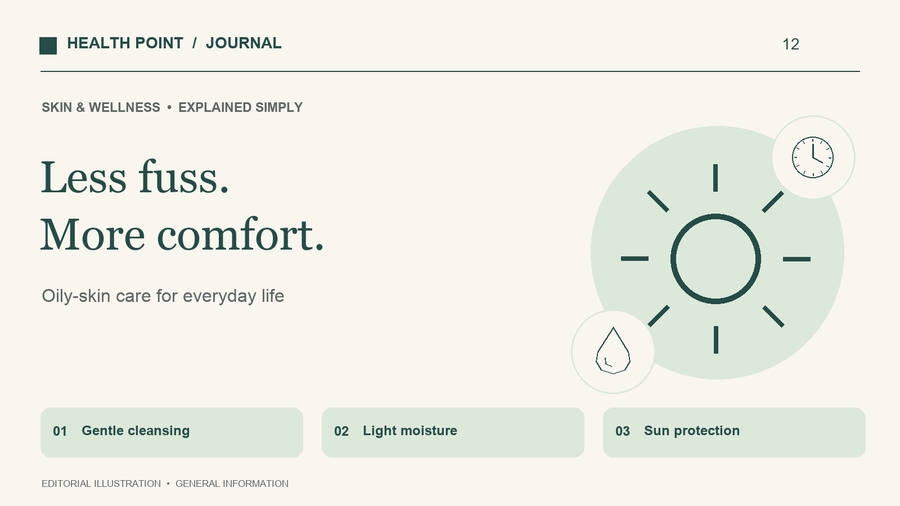 Sun, water and clock illustrations with the essentials of cleansing, light moisture and sun protection