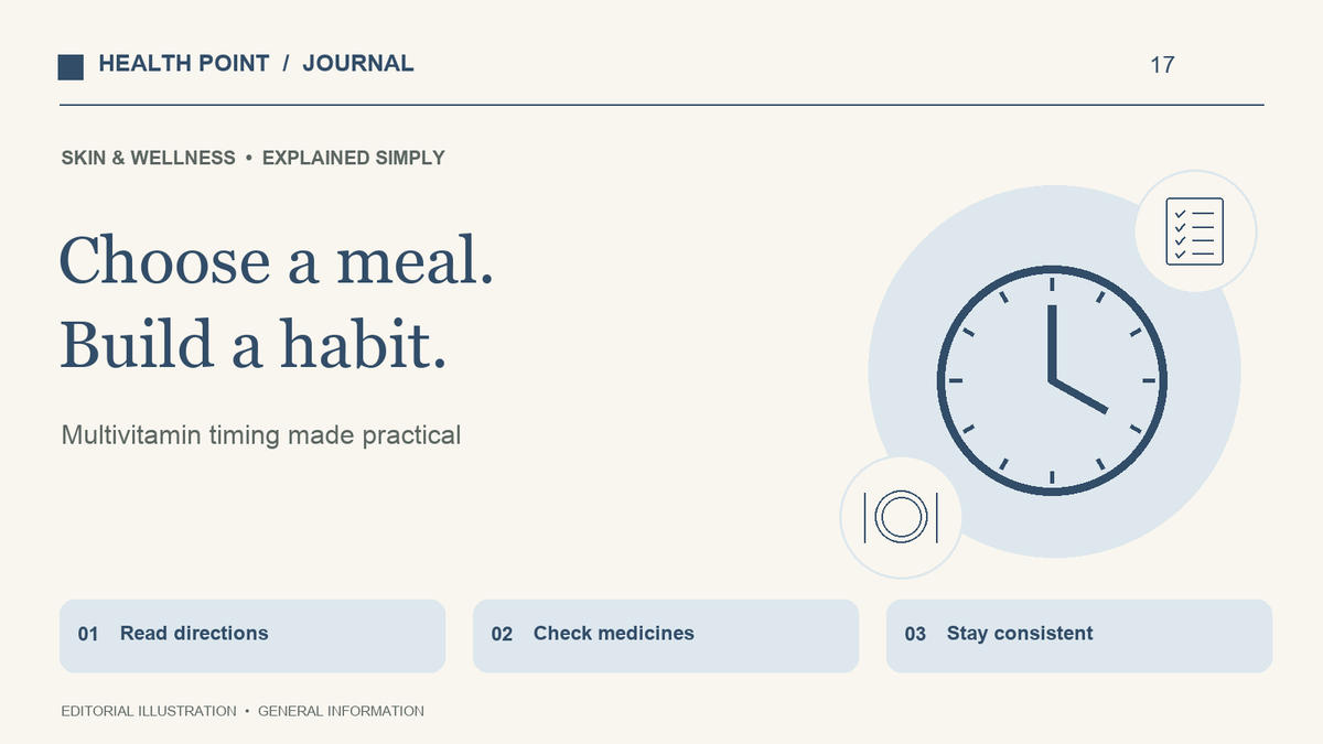 A clock and a meal beside a supplement label showing that food, routine and instructions guide timing