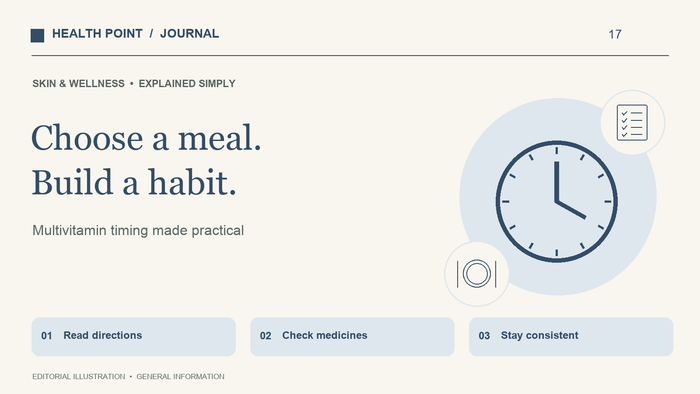 A clock and a meal beside a supplement label showing that food, routine and instructions guide timing