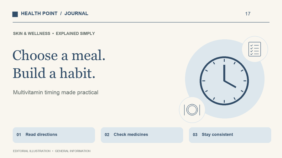A clock and a meal beside a supplement label showing that food, routine and instructions guide timing