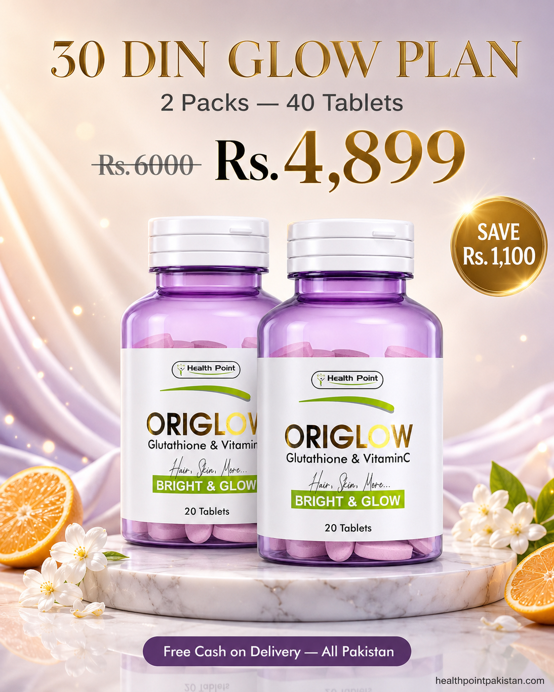 Origlow 2-pack 30 din glow plan – glutathione and vitamin C tablets 40 tablets