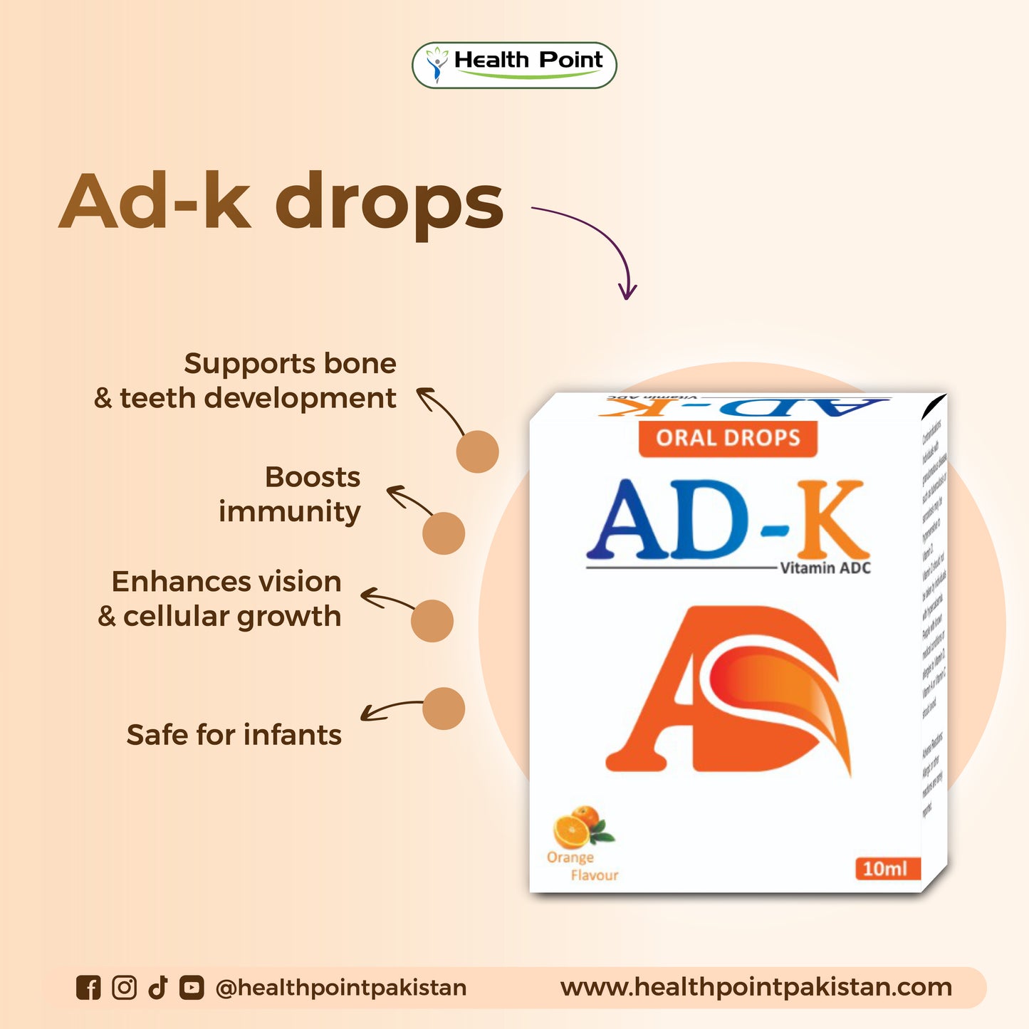 Health Point AD-K drops highlighting benefits for bone and teeth development, immunity boost and infant growth