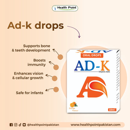 Health Point AD-K drops highlighting benefits for bone and teeth development, immunity boost and infant growth