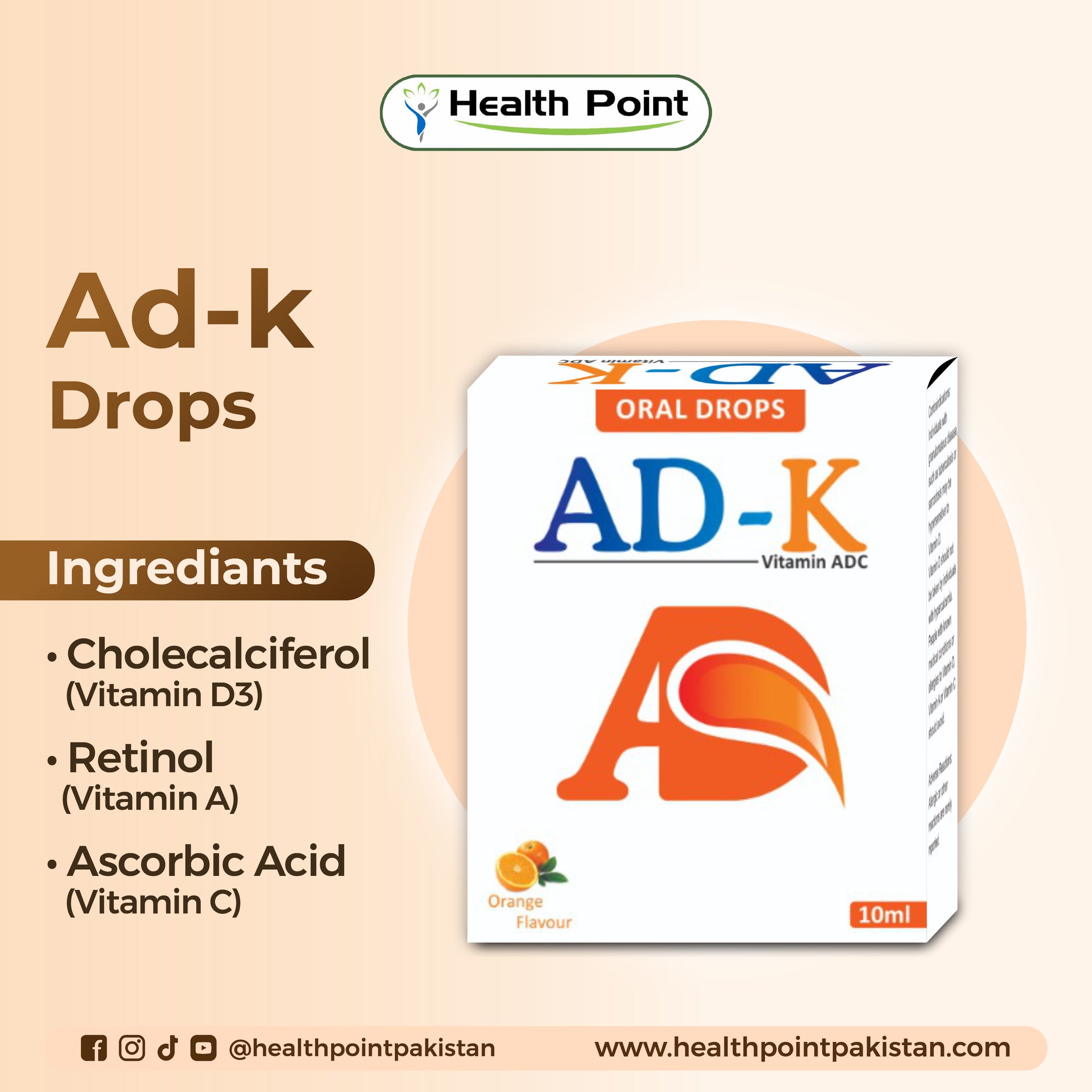 AD-K vitamin drops for infants containing vitamin D3, vitamin A and vitamin C for bone health and immunity