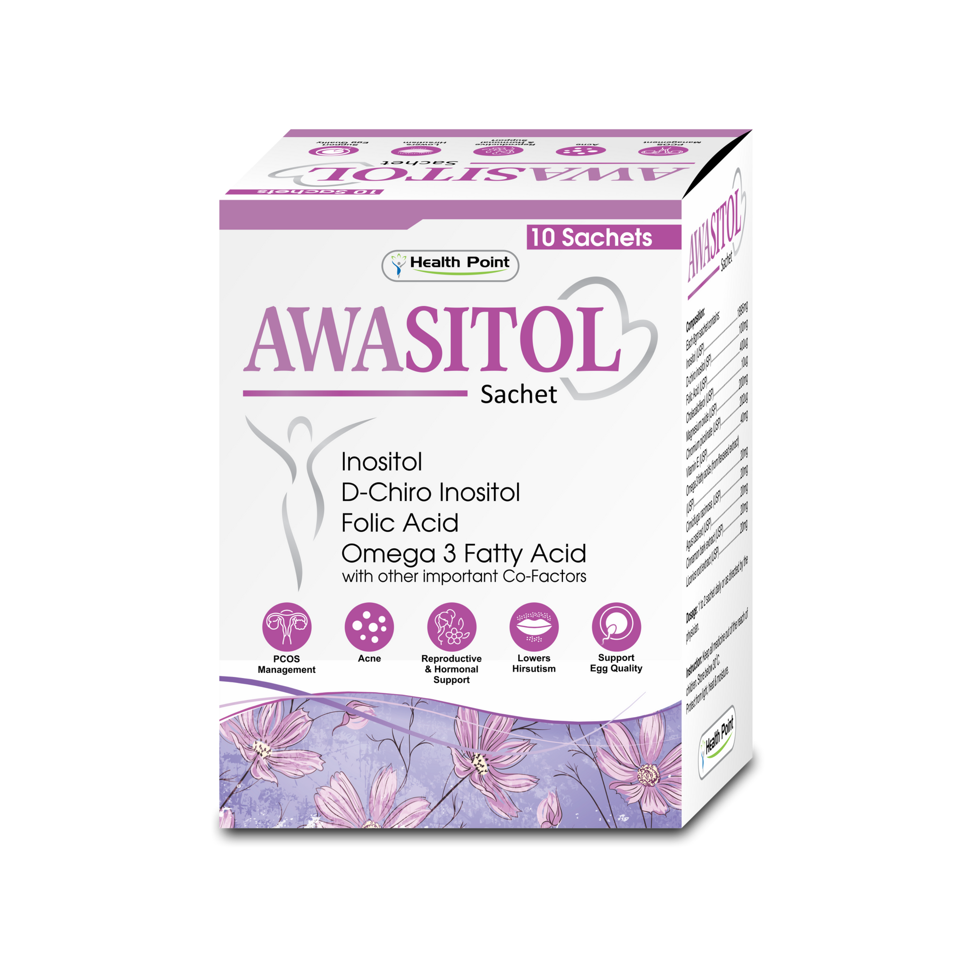 A box of Awasitol Sachet, which is a supplement for hormonal balance and fertility support, indicating 10 sachets included, with key ingredients like Myo-Inositol and D-Chiro Inositol.