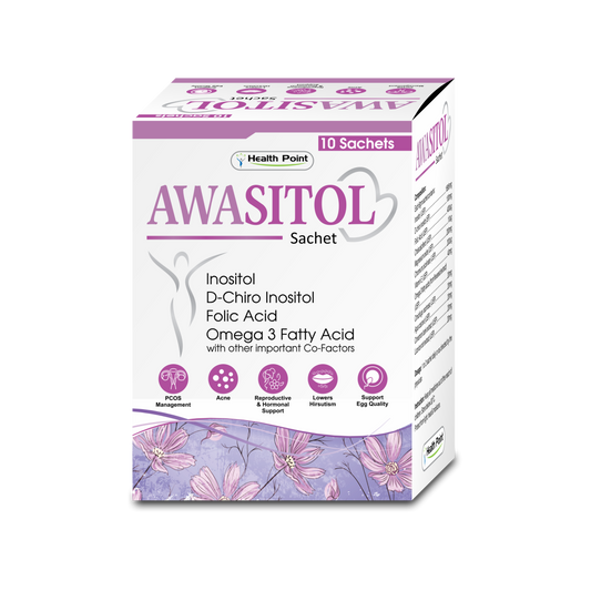 A box of Awasitol Sachet, which is a supplement for hormonal balance and fertility support, indicating 10 sachets included, with key ingredients like Myo-Inositol and D-Chiro Inositol.