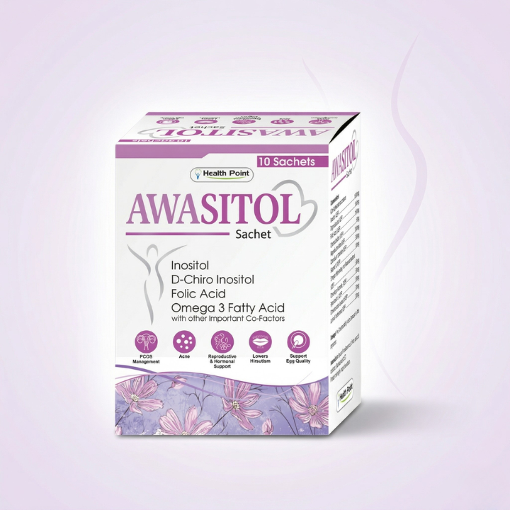 A box of Awasitol Sachet, which is a supplement for hormonal balance and fertility support, indicating 10 sachets included, with key ingredients like Myo-Inositol and D-Chiro Inositol.