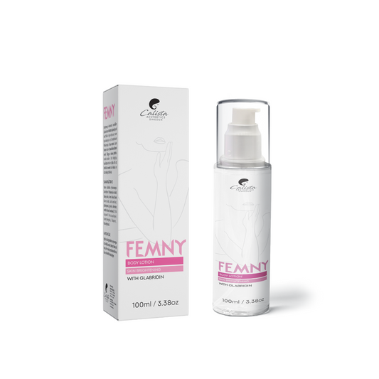 The image shows a bottle and packaging of Health Point Pakistan's Femny Body Brightening Lotion. The bottle is white with a pump dispenser and the packaging is white with pink accents.