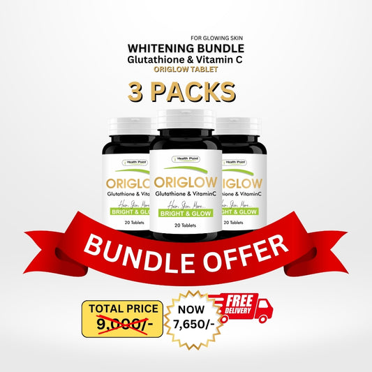 The image shows a bundle offer for Origlow Glutathione & Vitamin C supplements, presented as three separate pills in bottles, with a label stating 'WHITENING BUNDLE OFFER' and a red ribbon graphic indicating a discount. Additional text on the image provides product details and a price.