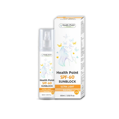 Health Point SPF 60 PA++++ Sunblock in a spray bottle and packaging, indicating high UVA/UVB protection for face and body, non-greasy, water-resistant formula.