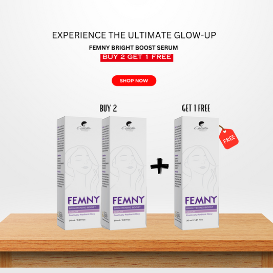 Two boxes of Femny Brightening Boost Serum with a 'Buy 2 Get 1 Free' offer tag, placed on a wooden surface with a 'Shop Now' button and a 'Gift' tag. The packaging features the product name and a brief description.