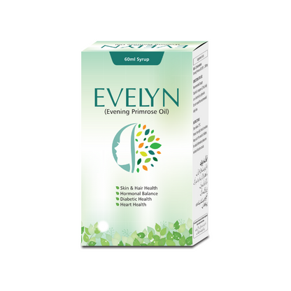 Evelyn Syrup 2000mg Evening Primrose Oil in 200ml bottle, liquid supplement for women’s hormonal balance, skin glow, and hair growth in Pakistan
