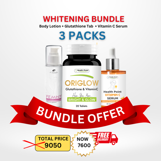 A promotional image featuring a Whitening Bundle which includes Glutathione & Vitamin C tablets, a Vitamin C serum, and a body whitening lotion. There is a red ribbon with text 'WHITENING BUNDLE' and a 'FREE' badge, indicating a discounted price and free shipping.