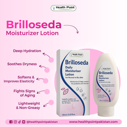 Health Point Brilloseda moisturizer lotion highlighting benefits like soft skin, anti-aging and improved elasticity