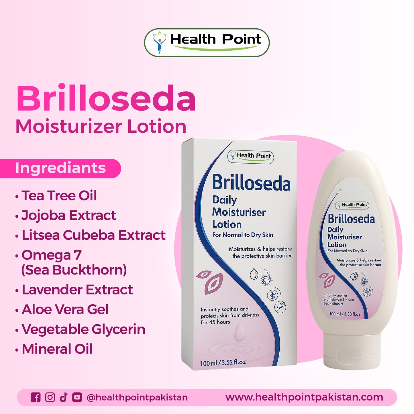 Brilloseda moisturizer lotion with tea tree oil, jojoba, aloe vera and omega 7 for skin hydration