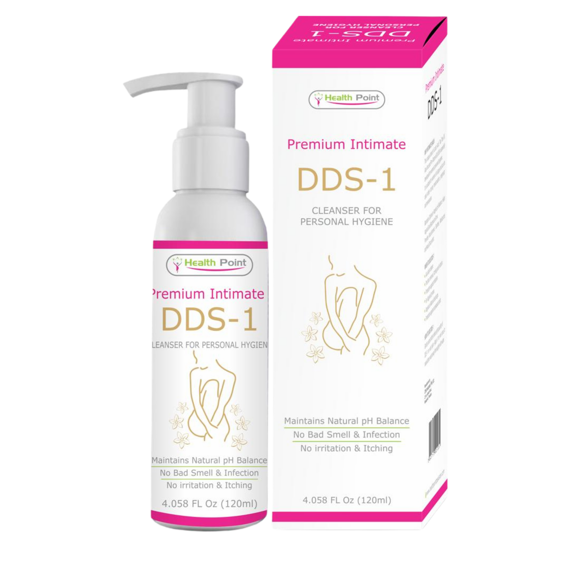 A bottle of DDS1 Intimate Wash with its packaging box. The product is marketed for feminine hygiene and pH balance, featuring natural ingredients and no irritation or infection causing microorganisms.