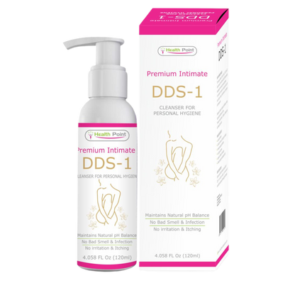 A bottle of DDS1 Intimate Wash with its packaging box. The product is marketed for feminine hygiene and pH balance, featuring natural ingredients and no irritation or infection causing microorganisms.
