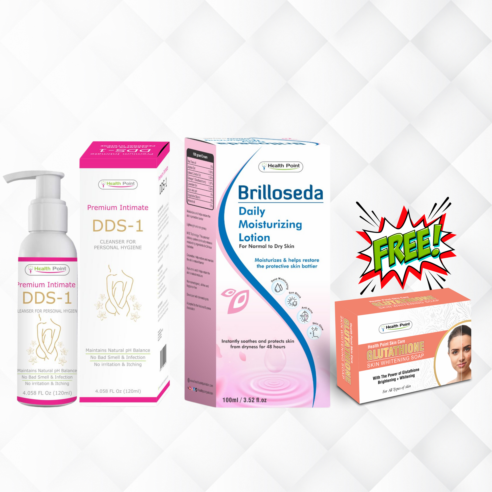 A promotional image featuring three skin care products: a pump bottle labeled 'DDS1 Intimate Cleanser', a boxed 'Brilloseda Daily Moisturizing Lotion', and a boxed 'Glutathione Soap' with a pop-up saying 'FREE!' indicating a promotional offer.