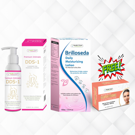 A promotional image featuring three skin care products: a pump bottle labeled 'DDS1 Intimate Cleanser', a boxed 'Brilloseda Daily Moisturizing Lotion', and a boxed 'Glutathione Soap' with a pop-up saying 'FREE!' indicating a promotional offer.