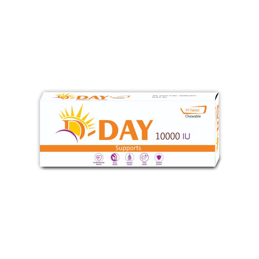 A box of D Day Vitamin D3 10,000 IU supplement with branding and text information.