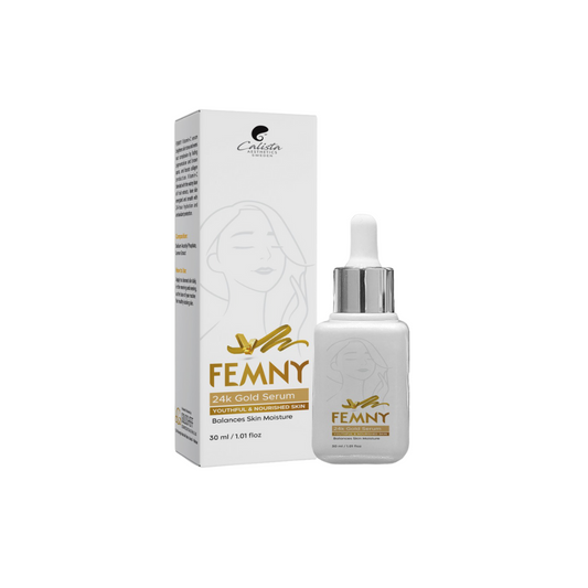 A bottle of FEMNY 24K GOLD SERUM with a dropper, next to its packaging box which has the product name and description written in English and Urdu.
