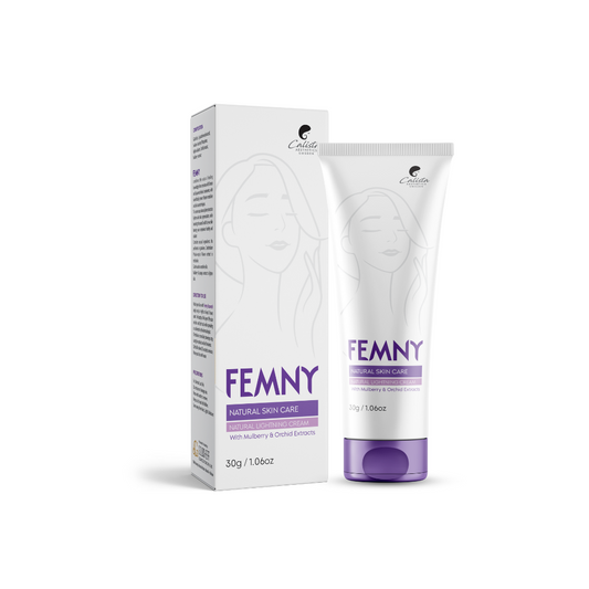 Packaging of Femny Brightening Cream with a white tube and purple lid, alongside a box with product details.