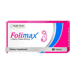 A box of Health Point FOLIMAX L-Methyl Folate 400mcg dietary supplement with 30 tablets, packaged in a pink and white box with a pregnant woman symbol indicating its use during pregnancy.