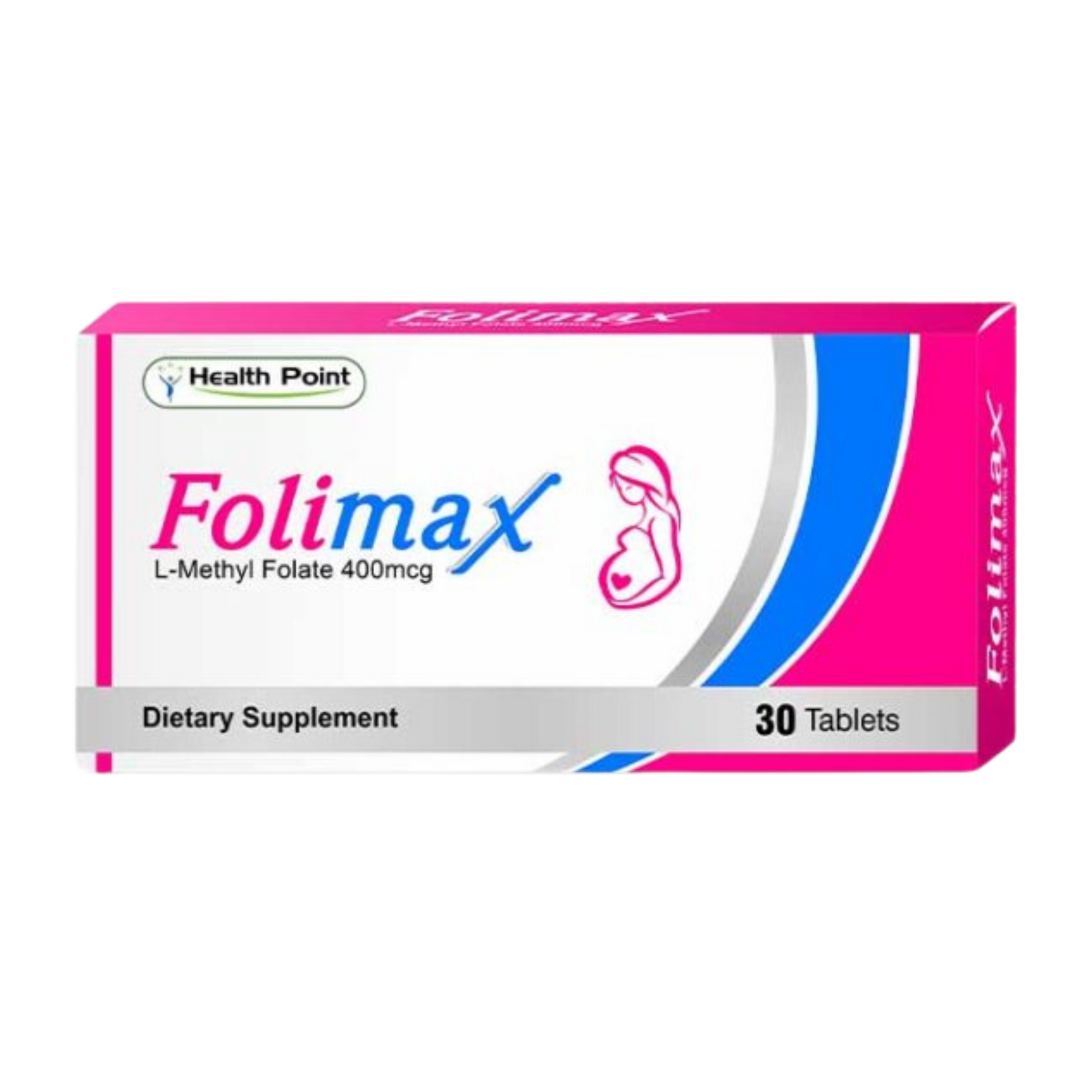 A box of Health Point FOLIMAX L-Methyl Folate 400mcg dietary supplement with 30 tablets, packaged in a pink and white box with a pregnant woman symbol indicating its use during pregnancy.