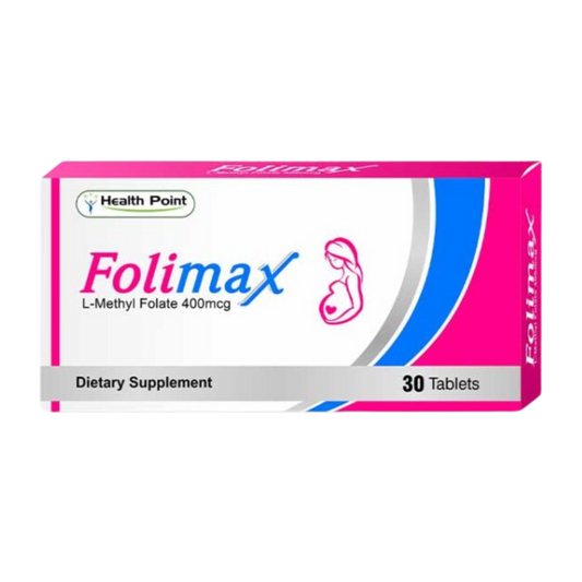 A box of Health Point FOLIMAX L-Methyl Folate 400mcg dietary supplement with 30 tablets, packaged in a pink and white box with a pregnant woman symbol indicating its use during pregnancy.
