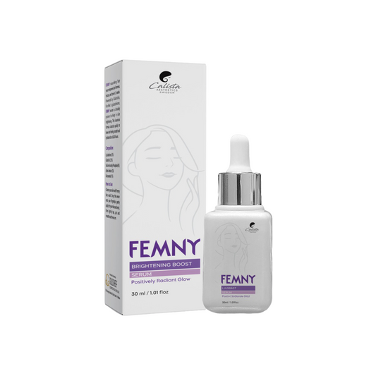 A bottle of Femny Brightening Boost Serum next to its packaging box.