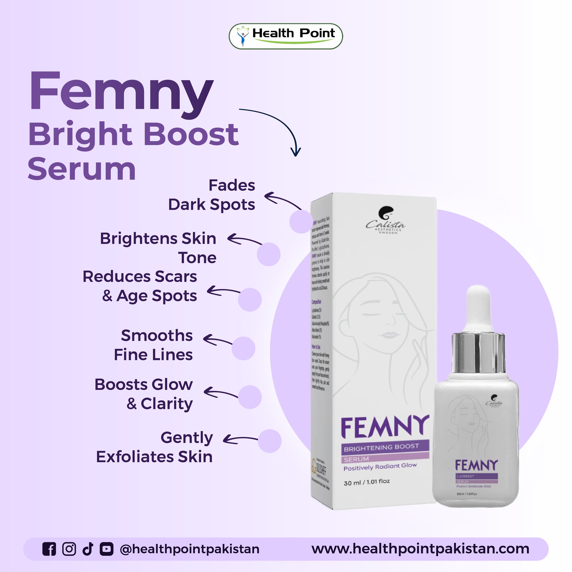 Femny skin brightening serum with glutathione, alpha arbutin and AHA for pigmentation and anti aging in Pakistan