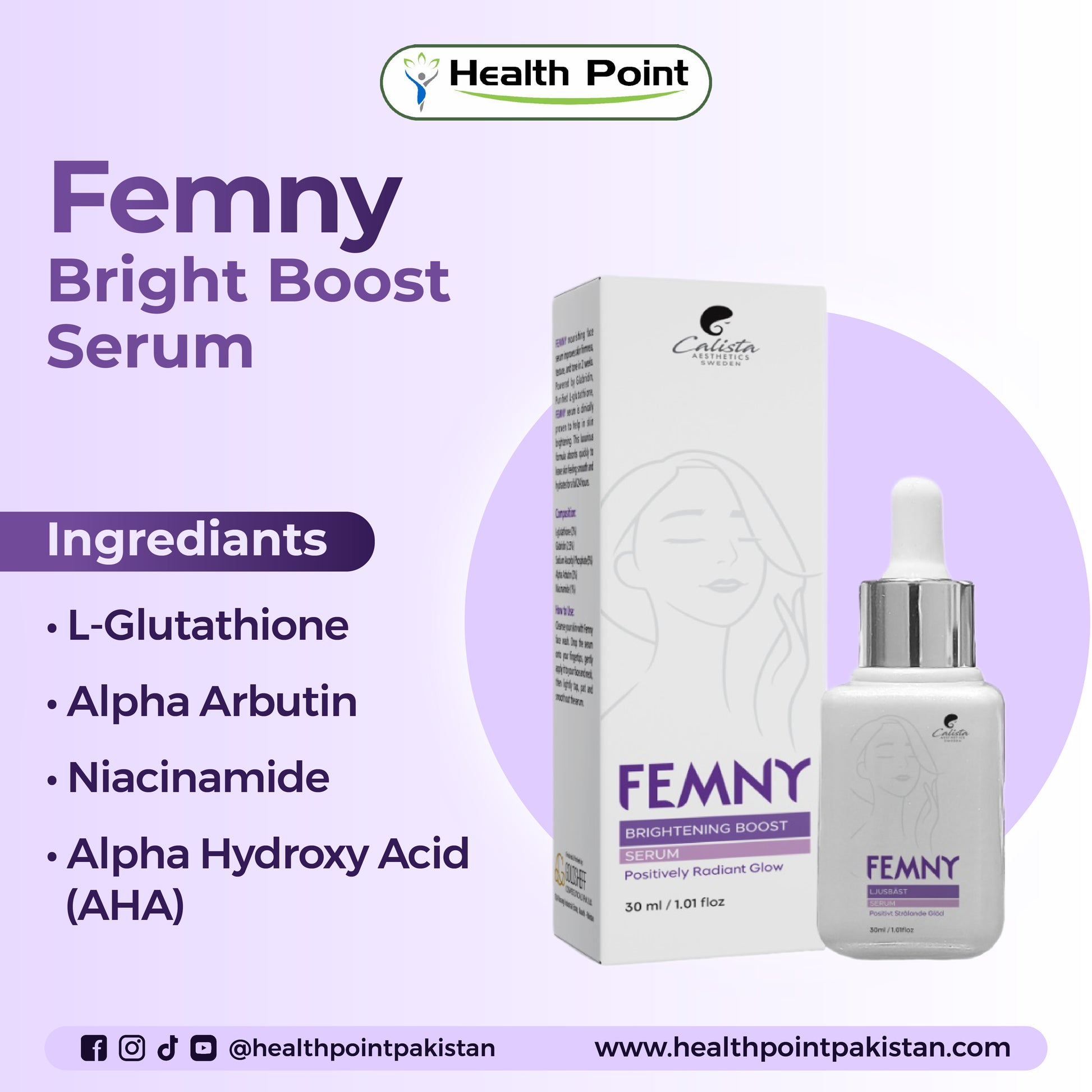 Femny Bright Boost Serum glowing skin product image with AHA exfoliation and niacinamide for smooth youthful skin
