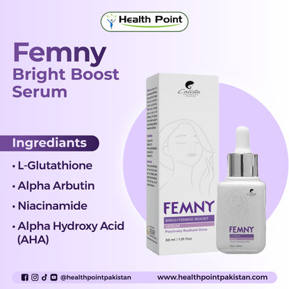 Femny Bright Boost Serum glowing skin product image with AHA exfoliation and niacinamide for smooth youthful skin