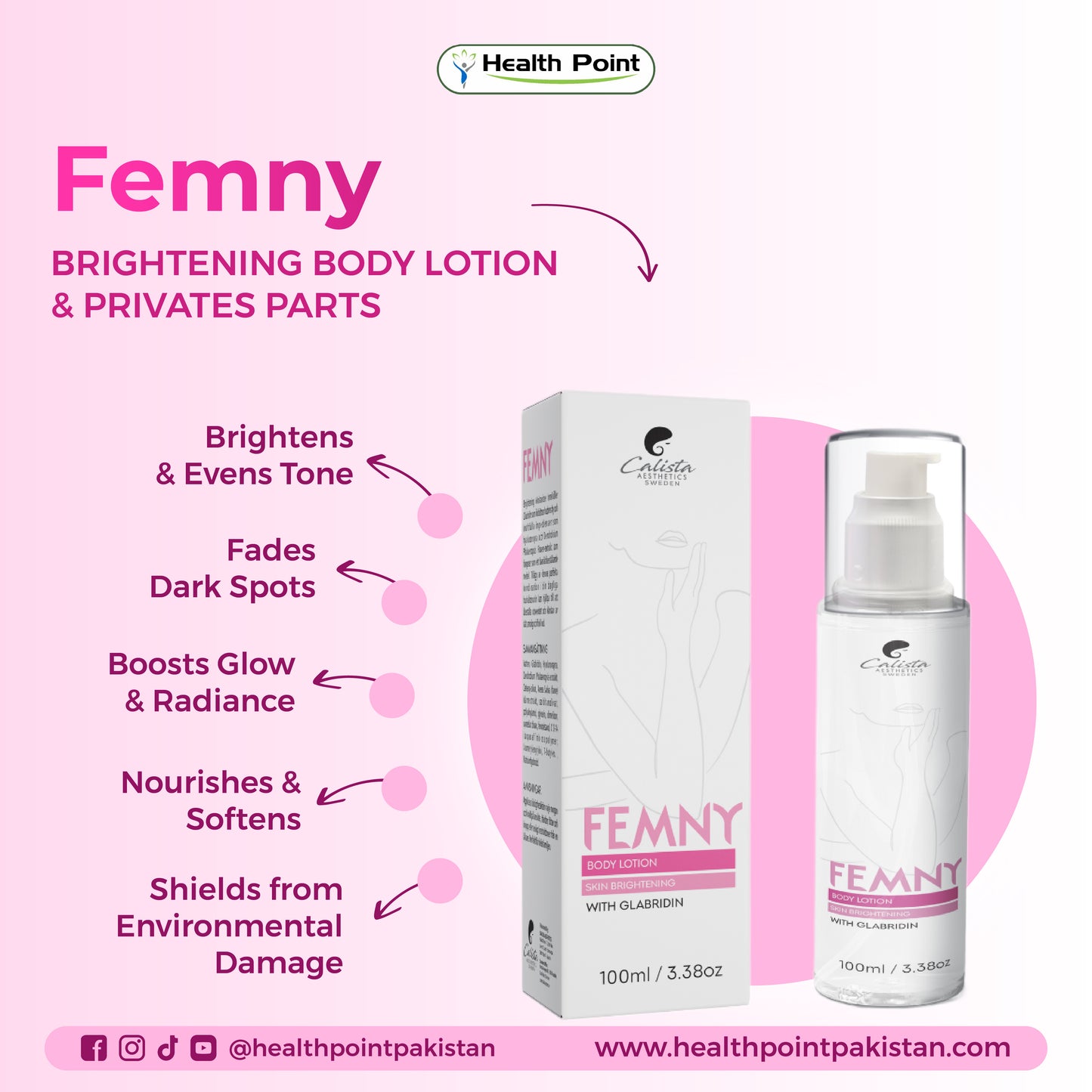Best body whitening lotion in Pakistan Femny highlights skin brightening, dark spot removal and radiant complexion.